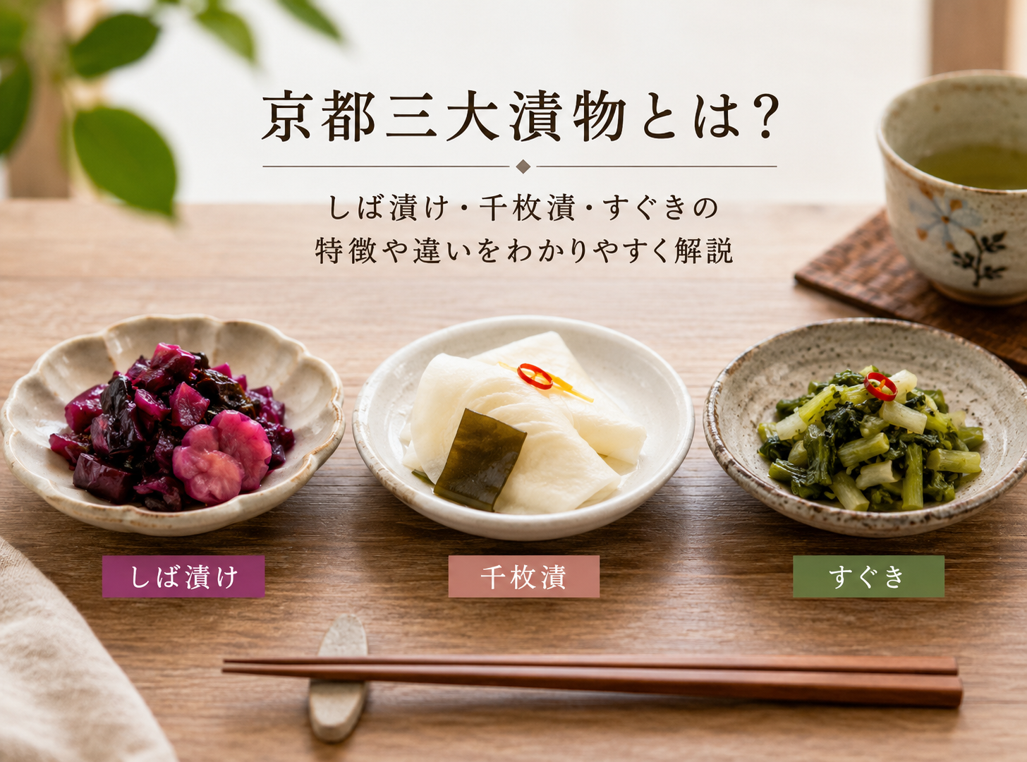 器に盛り付けた京都三大漬物のしば漬け、千枚漬、すぐき
