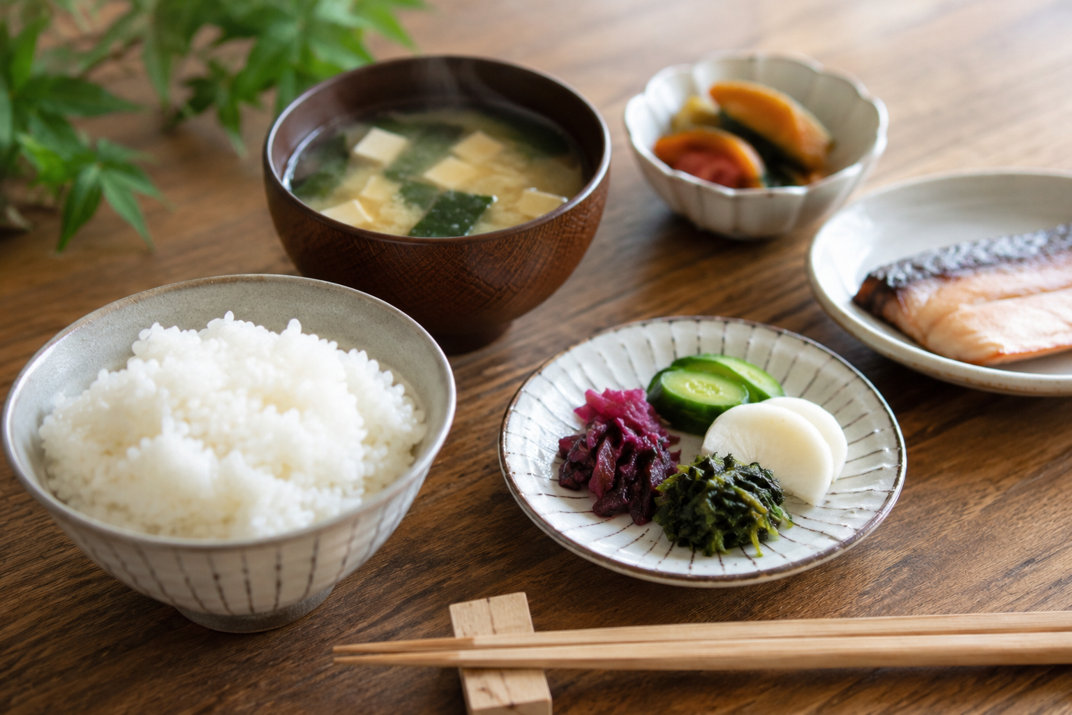 炊きたてのご飯と小皿に盛られた漬物のある食卓